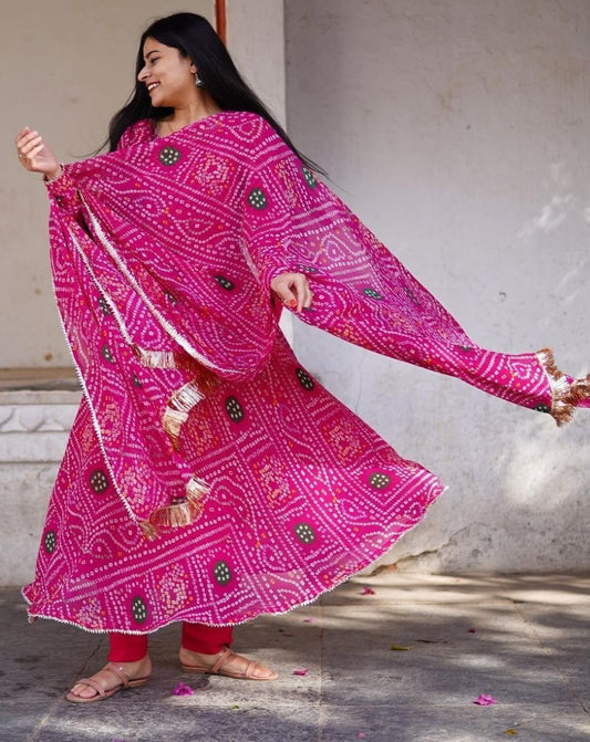 Pink georgette bandhni printed anarkali suit