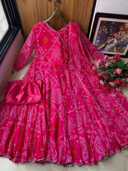 Pink georgette bandhni printed anarkali suit