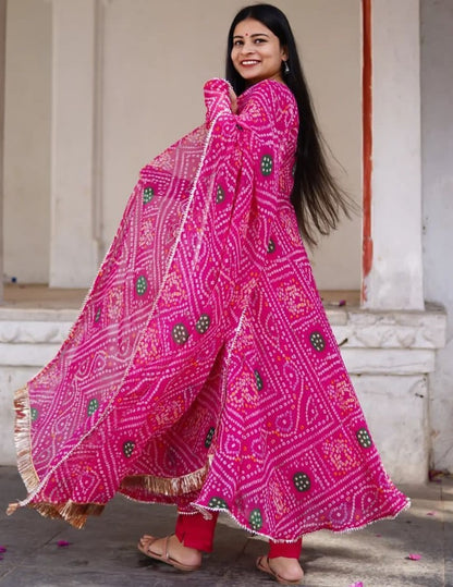 Pink georgette bandhni printed anarkali suit