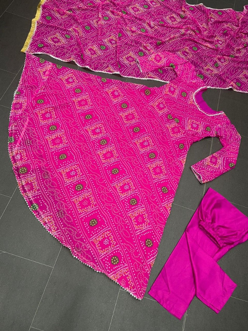 Pink georgette bandhni printed anarkali suit