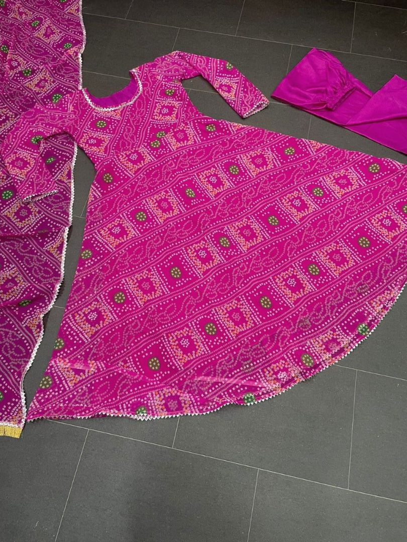 Pink georgette bandhni printed anarkali suit