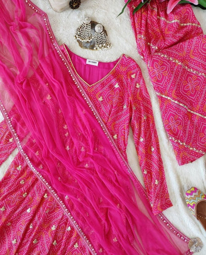 Pink georgette bandhni printed palazzo anarkali suit