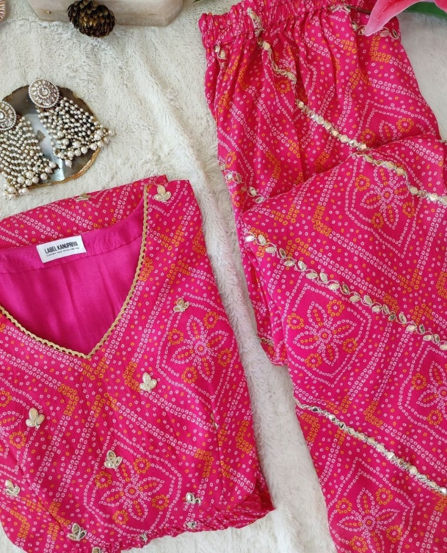 Pink georgette bandhni printed palazzo anarkali suit