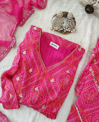 Pink georgette bandhni printed palazzo anarkali suit