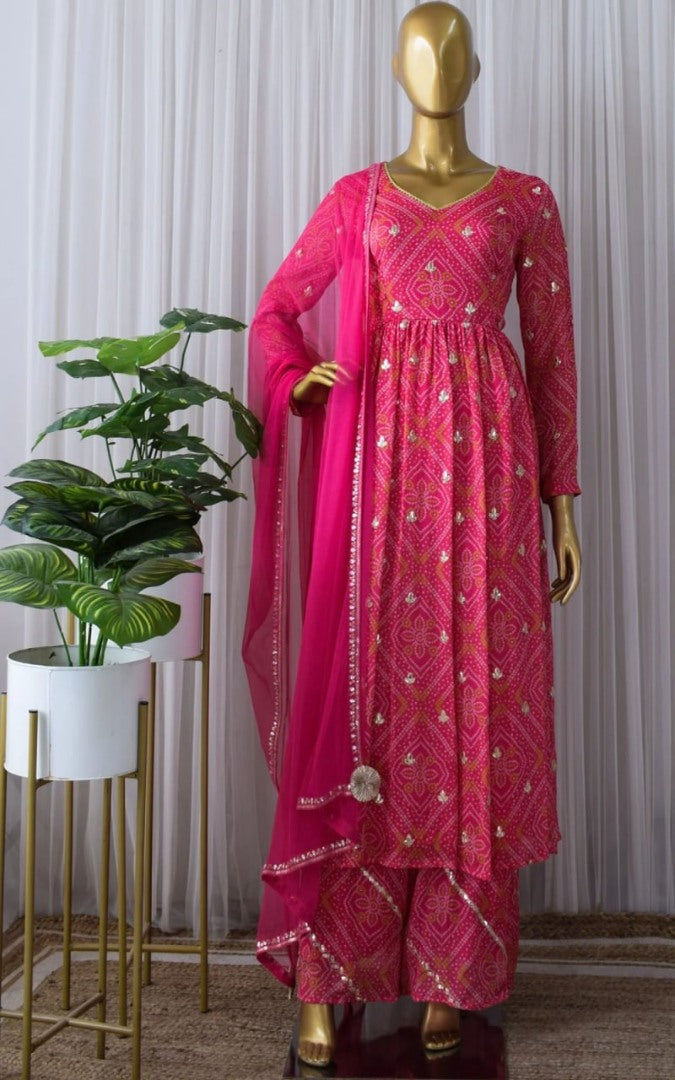 Pink georgette bandhni printed palazzo anarkali suit