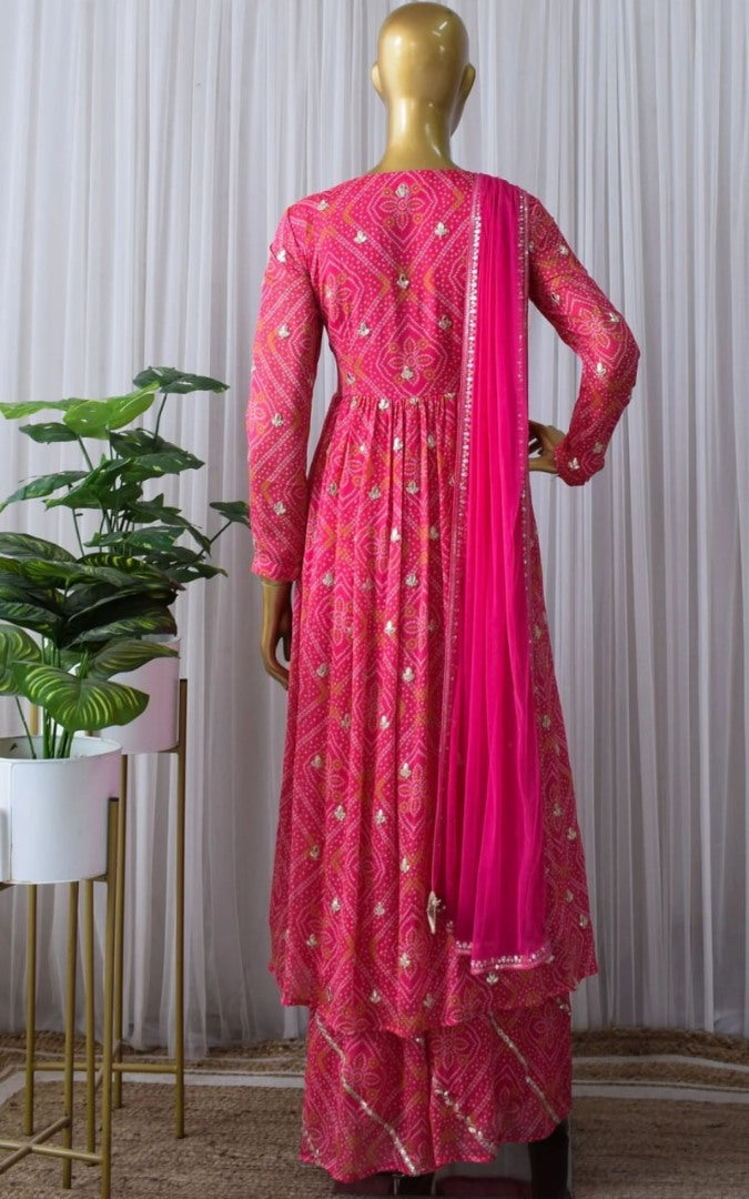 Pink georgette bandhni printed palazzo anarkali suit