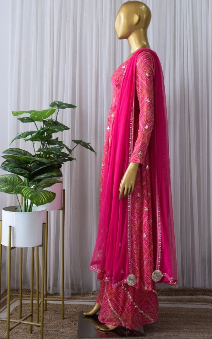 Pink georgette bandhni printed palazzo anarkali suit