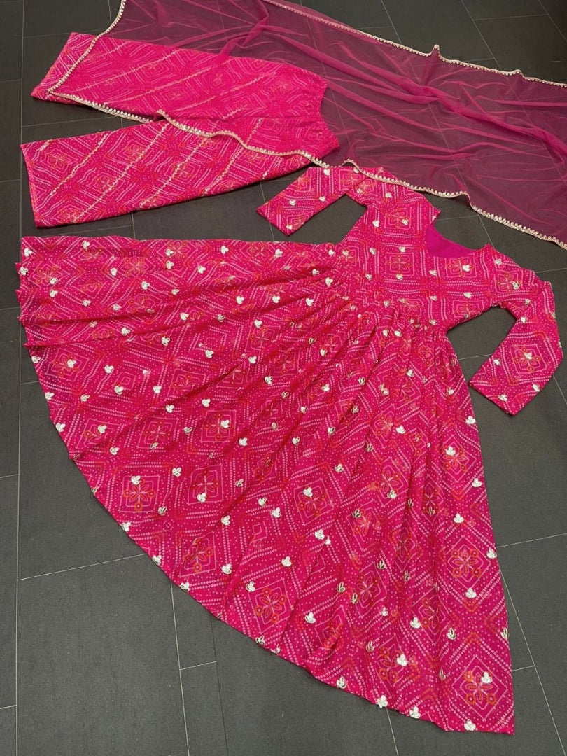 Pink georgette bandhni printed palazzo anarkali suit