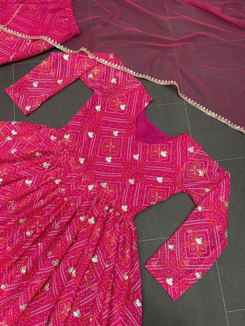 Pink georgette bandhni printed palazzo anarkali suit