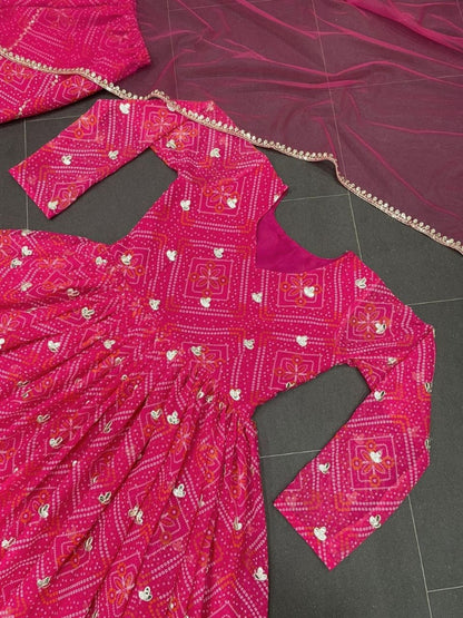 Pink georgette bandhni printed palazzo anarkali suit