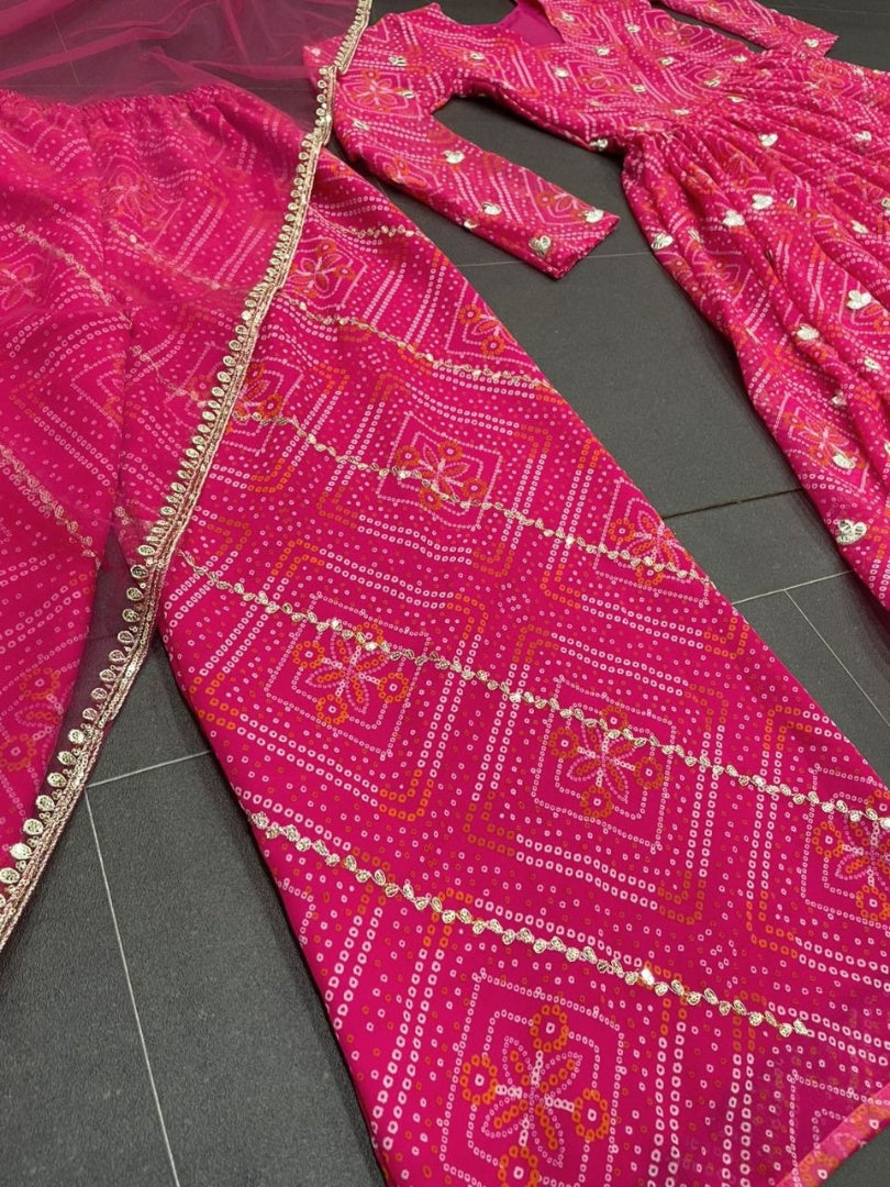 Pink georgette bandhni printed palazzo anarkali suit