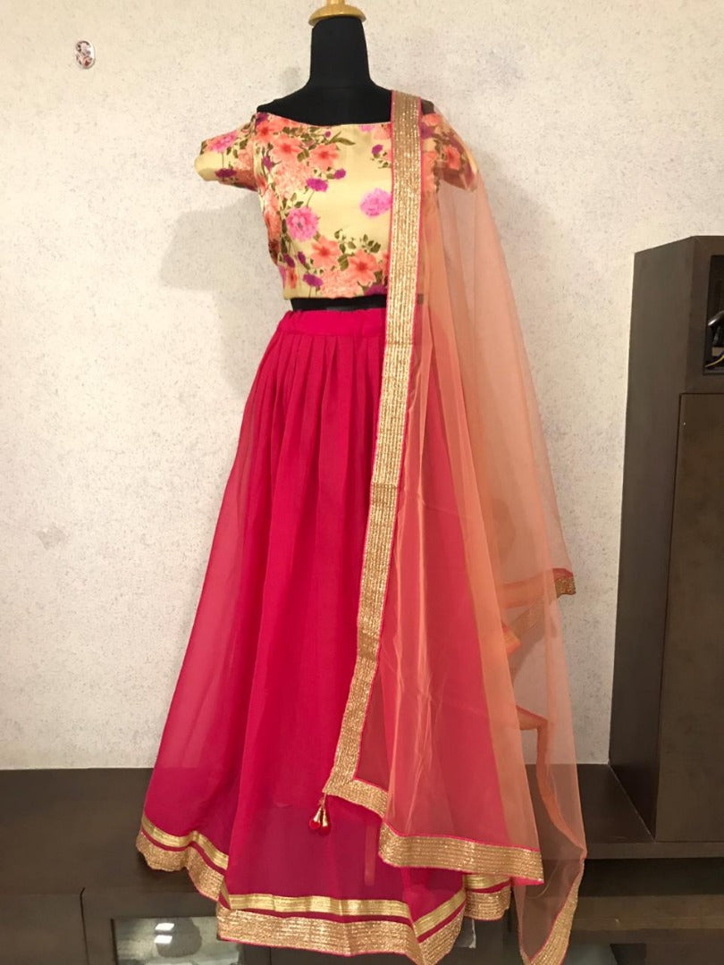 Pink Georgette beautiful plain partywear lehenga with floral printed blouse