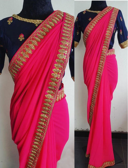 pink georgette designer embroidered saree