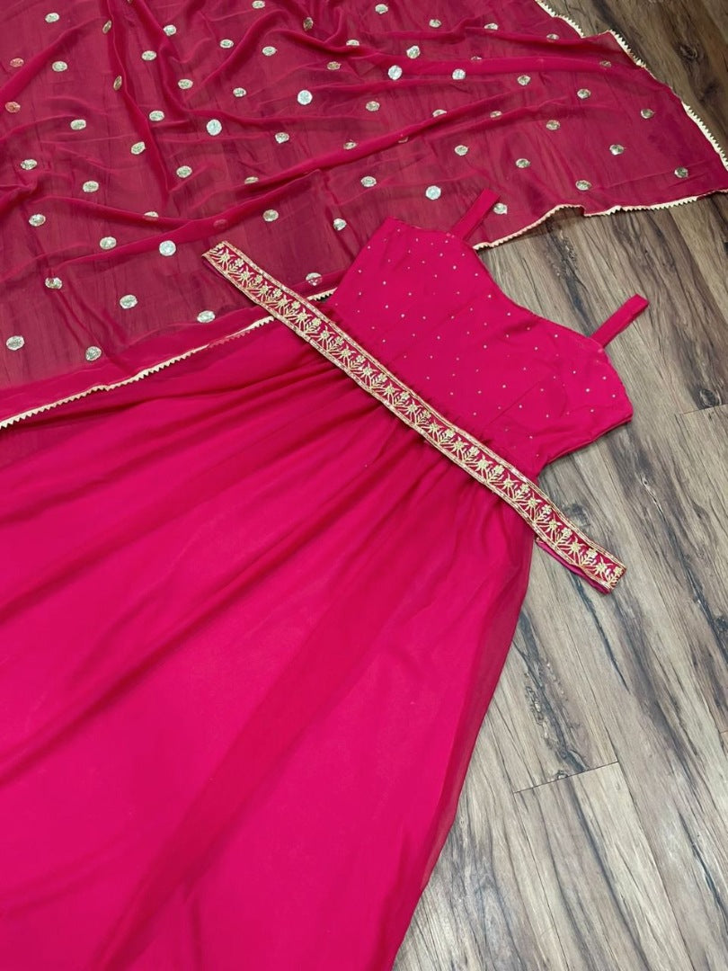 Pink georgette diamond work partywear gown