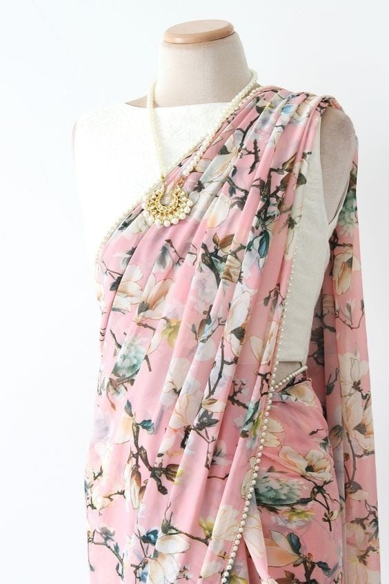 Pink georgette digital floral printed pearl lace saree