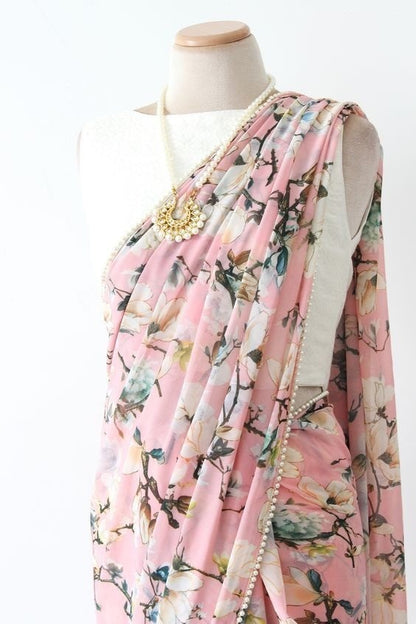 Pink georgette digital floral printed pearl lace saree