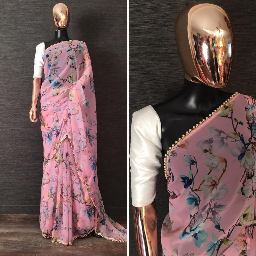 Pink georgette digital floral printed pearl lace saree