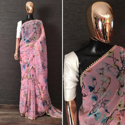 Pink georgette digital floral printed pearl lace saree