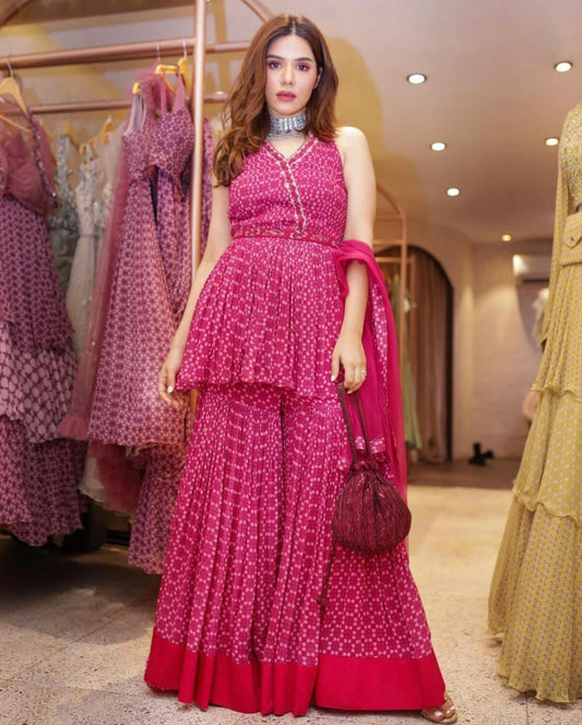 Pink georgette digital print sharara salwar suit
