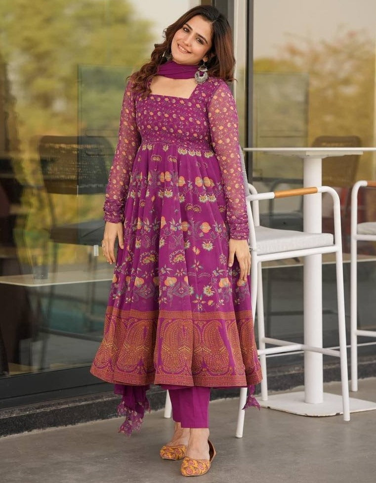 Pink georgette digital printed anarkali suit