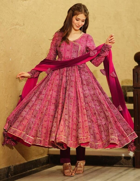 Pink georgette digital printed anarkali suit