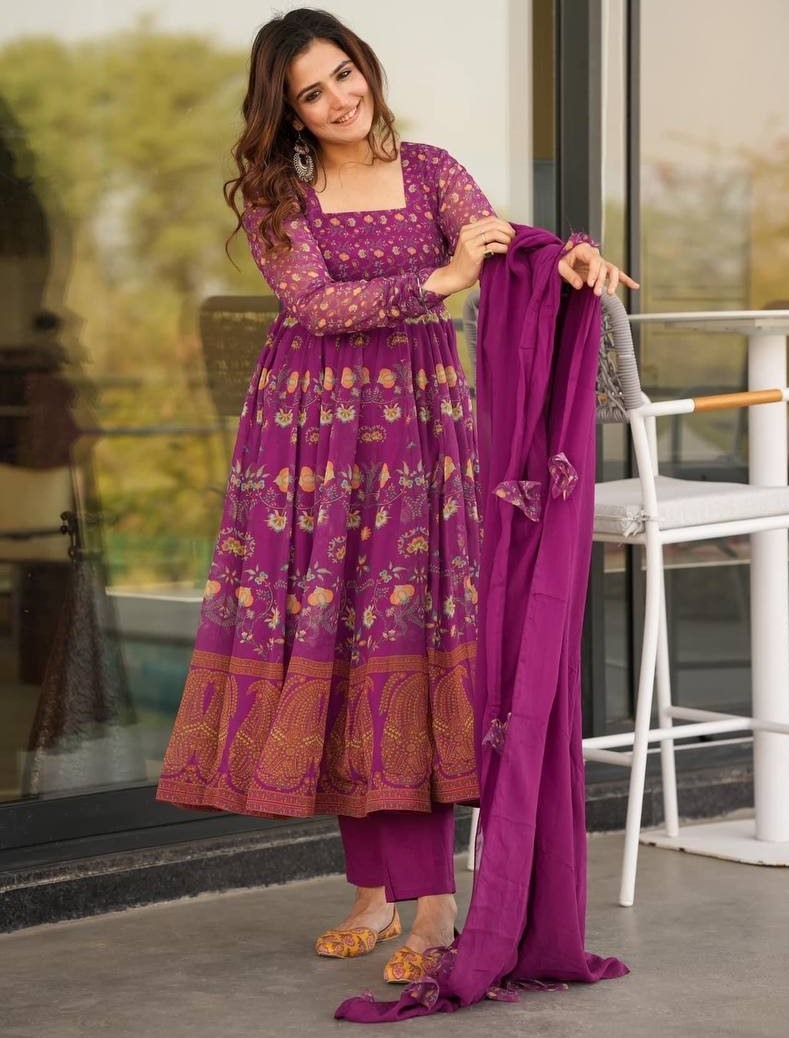 Pink georgette digital printed anarkali suit