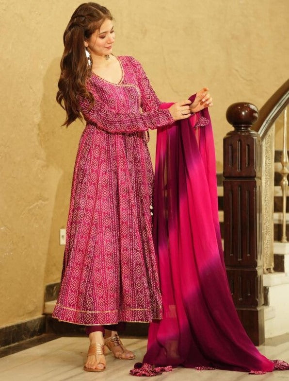 Pink georgette digital printed anarkali suit