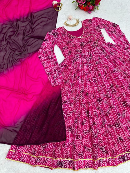 Pink georgette digital printed anarkali suit