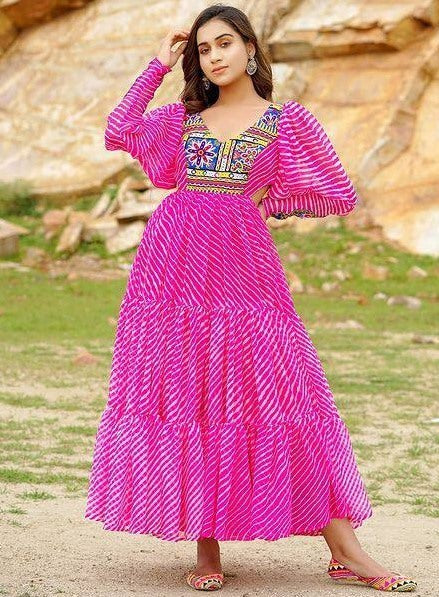 Pink georgette digital printed ruffle layer mirror work long kurti