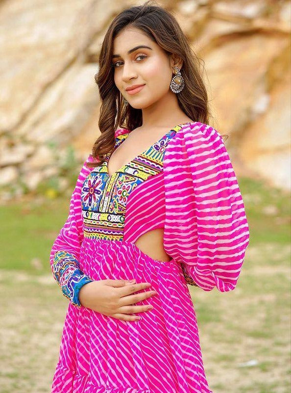 Pink georgette digital printed ruffle layer mirror work long kurti