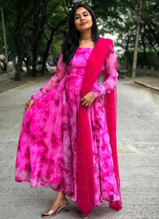 Pink georgette digital printed umbrella flair anarkali suit