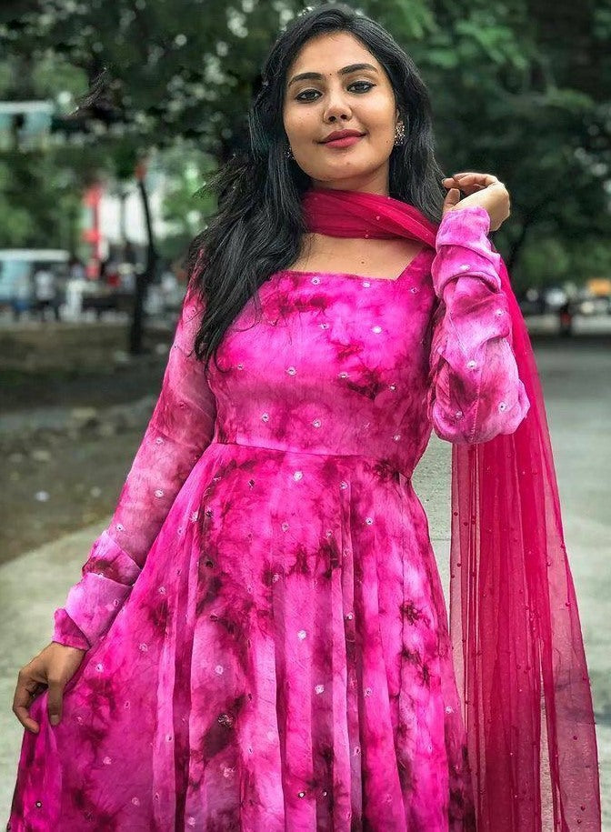 Pink georgette digital printed umbrella flair anarkali suit