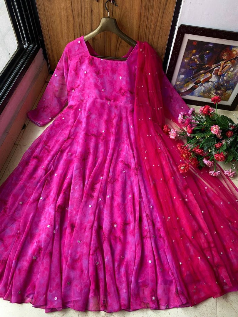 Pink georgette digital printed umbrella flair anarkali suit