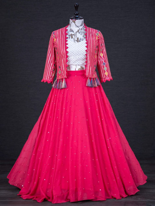 Pink georgette embroidered crop top lehenga with koti