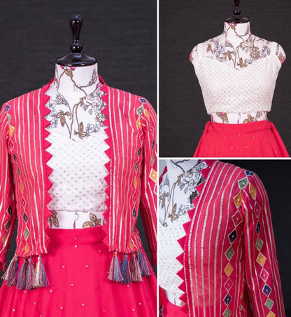 Pink georgette embroidered crop top lehenga with koti