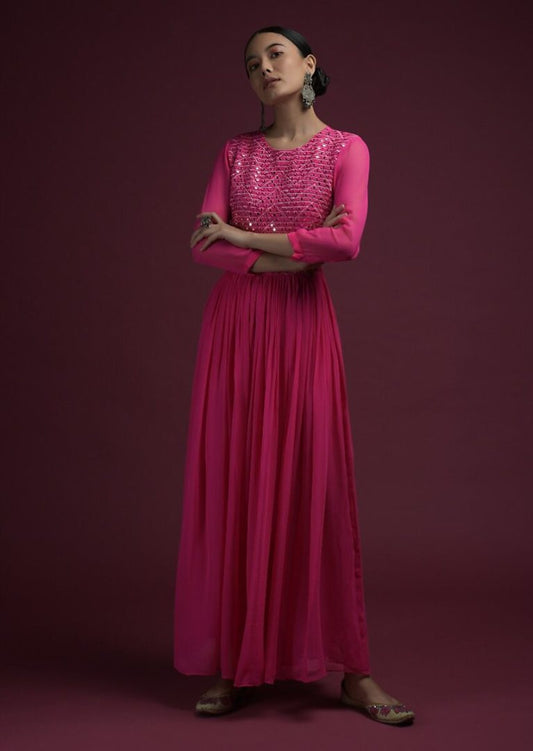 Pink georgette embroidered ethnic jump suit