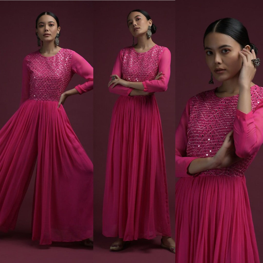 Pink georgette embroidered ethnic jump suit