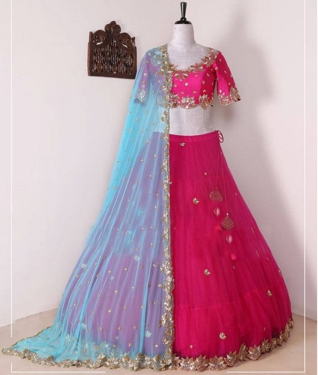 Pink georgette embroidered partywear lehenga