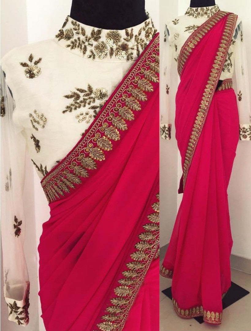 pink georgette embroidered partywear saree