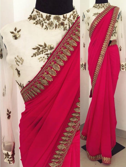 pink georgette embroidered partywear saree