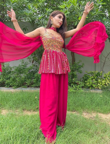 Pink georgette embroidered plazzo suit