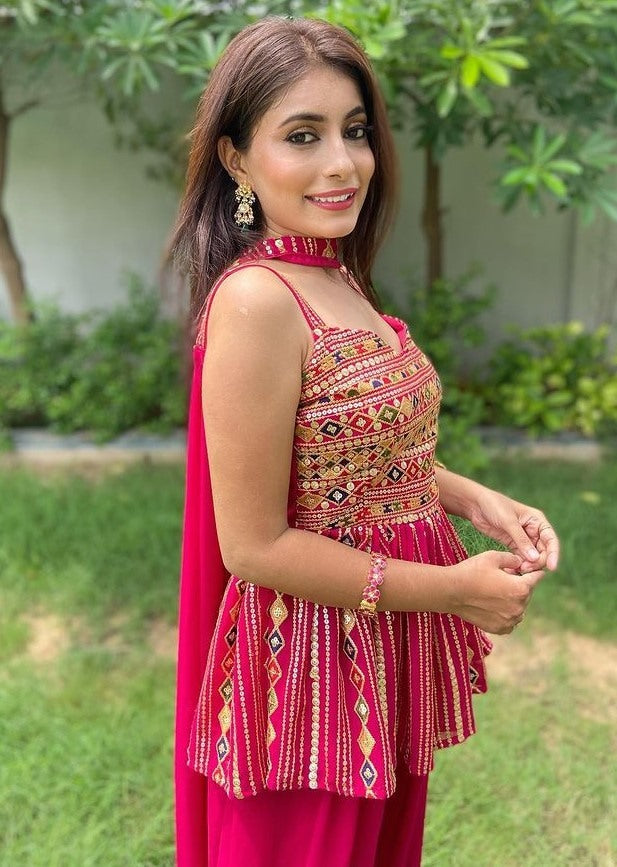 Pink georgette embroidered plazzo suit