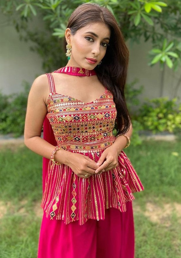 Pink georgette embroidered plazzo suit