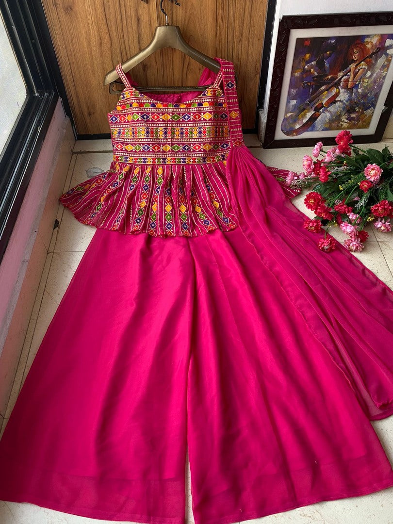 Pink georgette embroidered plazzo suit