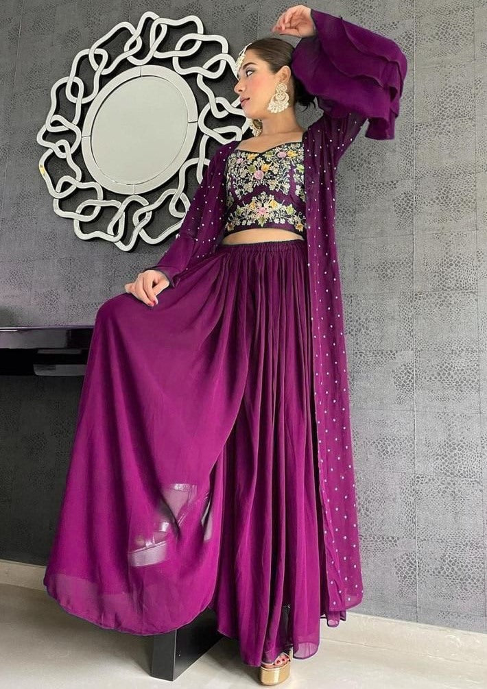 Pink georgette embroidered plazzo suit with shrug