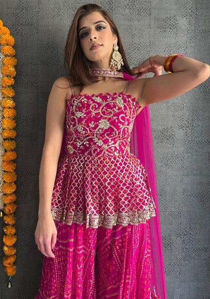 Pink georgette embroidered printed sharara suit