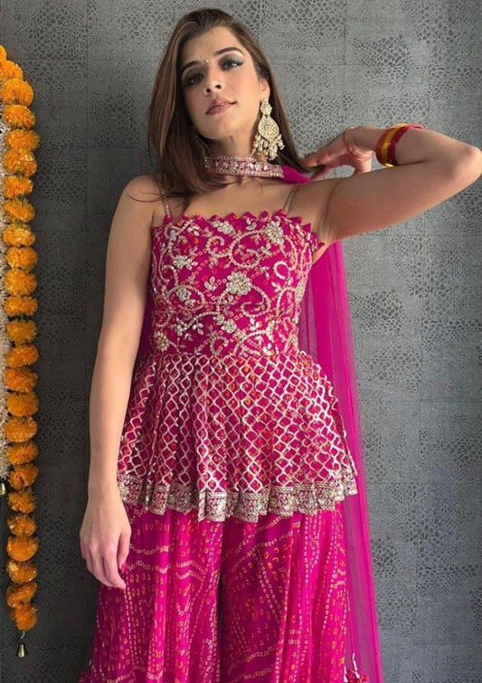 Pink georgette embroidered printed sharara suit