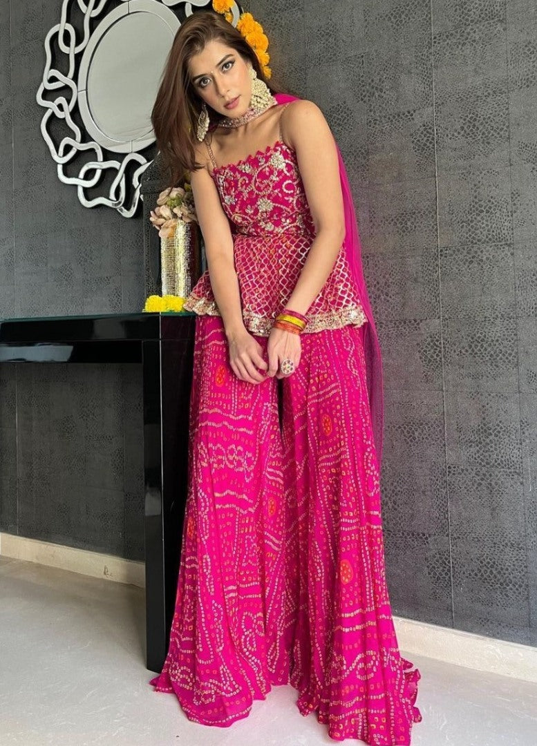 Pink georgette embroidered printed sharara suit