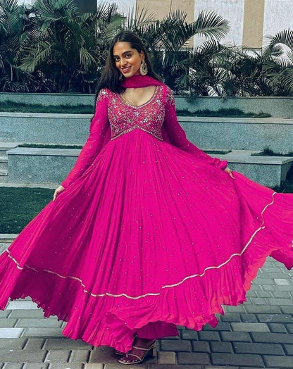 Pink georgette embroidered ruffle layered anarkali suit