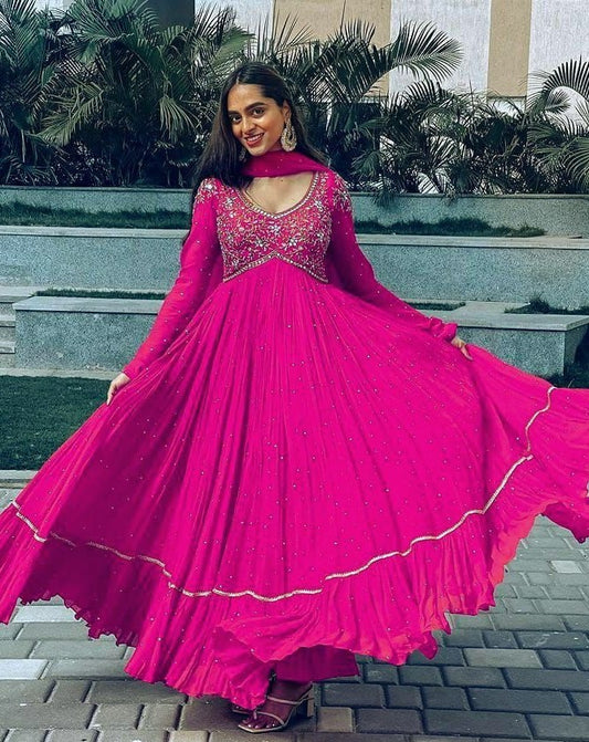 Pink georgette embroidered ruffle layered anarkali suit